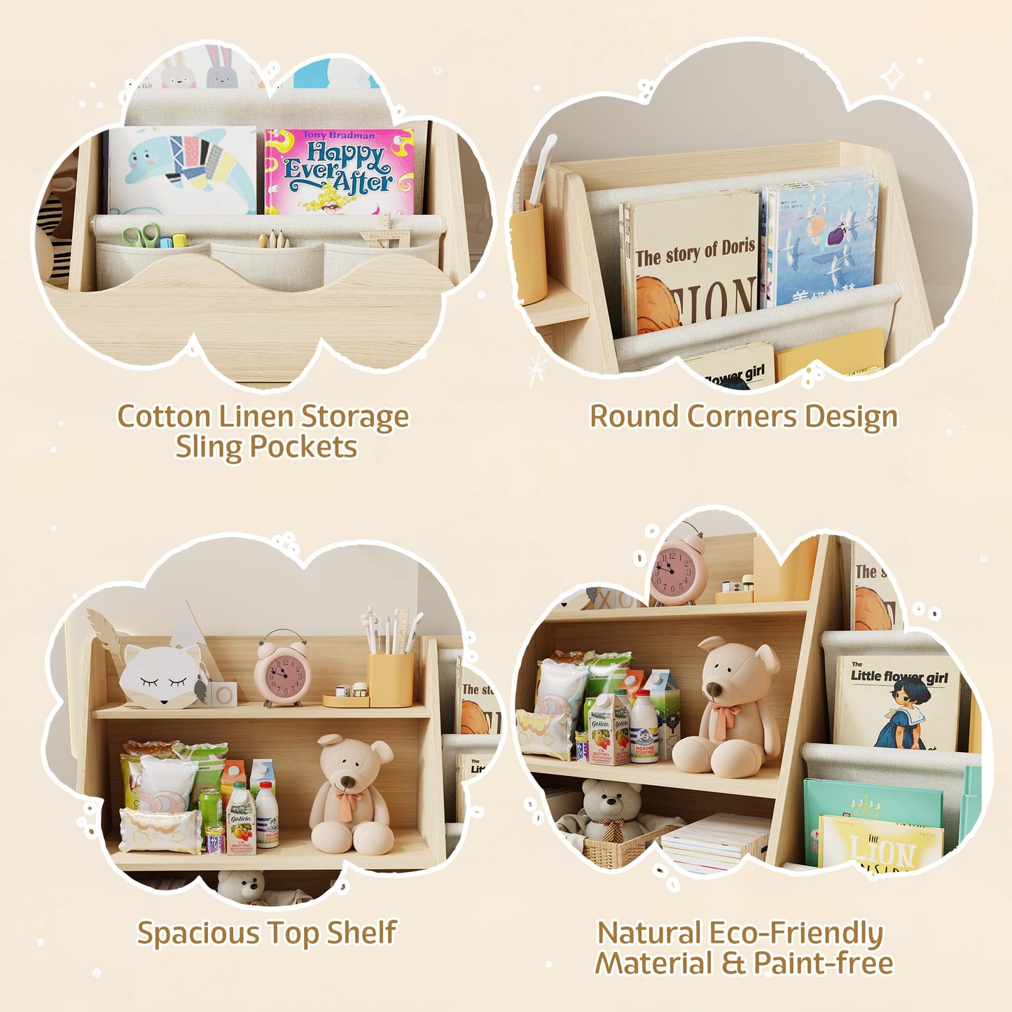 Montessori Bücherregal für Kinder – 4 Etagen Holzregal mit Stofffächern