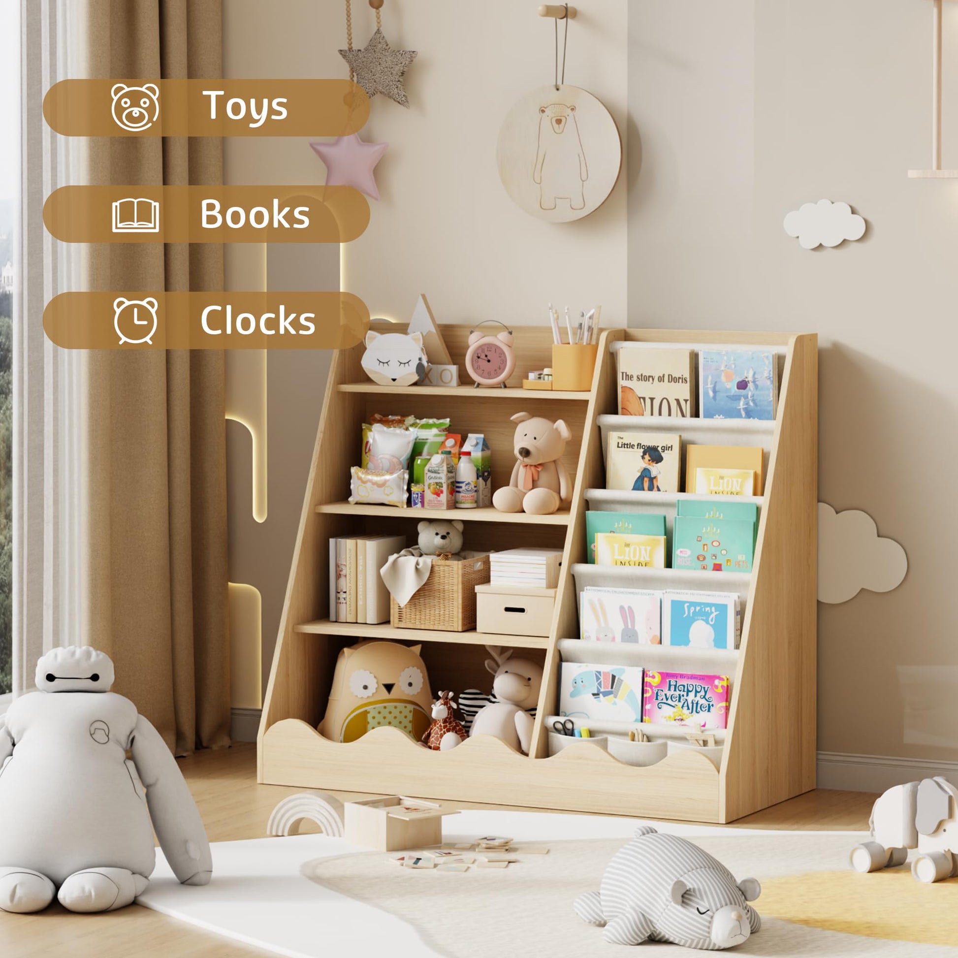 Montessori Bücherregal für Kinder – 4 Etagen Holzregal mit Stofffächern