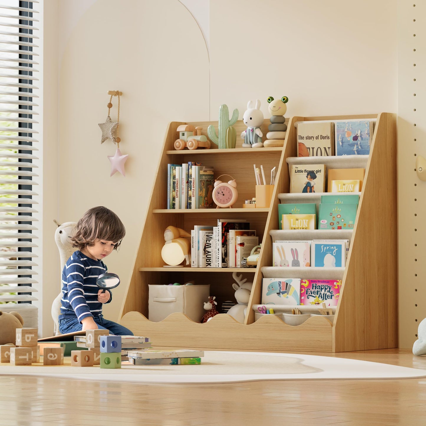 Montessori Bücherregal für Kinder – 4 Etagen Holzregal mit Stofffächern