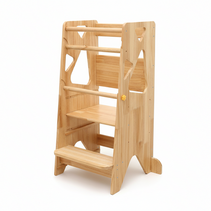Torre de aprendizaje Montessori: taburete con escalón de madera maciza de altura regulable para niños pequeños con 2 escalones