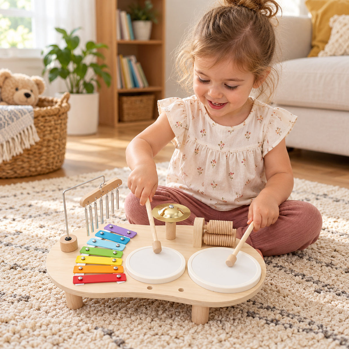 Kind spielt mit Montessori Musiktisch aus Holz mit Trommeln, Xylophon und Klanginstrumenten