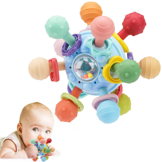 5-in-1 Baby Beißring & Sensorik-Rassel | Must-Have für Entwicklung & unterwegs