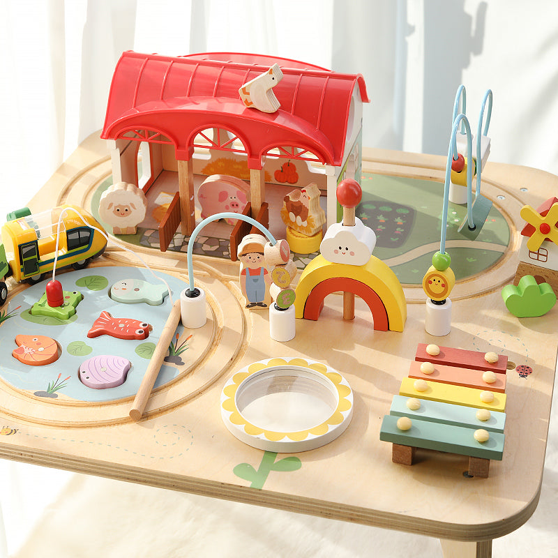 Montessori Spieltisch Holz – Lern- & Spieltisch mit Magnetfischen, Xylophon & Zugbahn