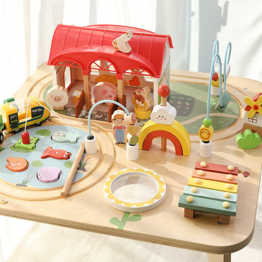 Montessori Spieltisch Holz – Lern- & Spieltisch mit Magnetfischen, Xylophon & Zugbahn