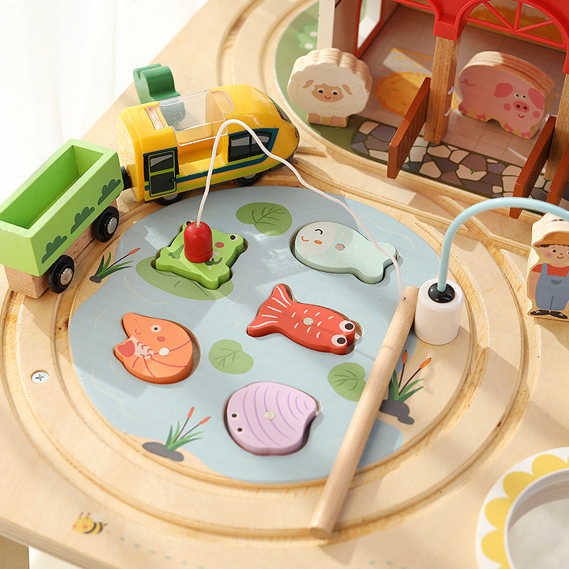 Montessori Spieltisch Holz – Lern- & Spieltisch mit Magnetfischen, Xylophon & Zugbahn