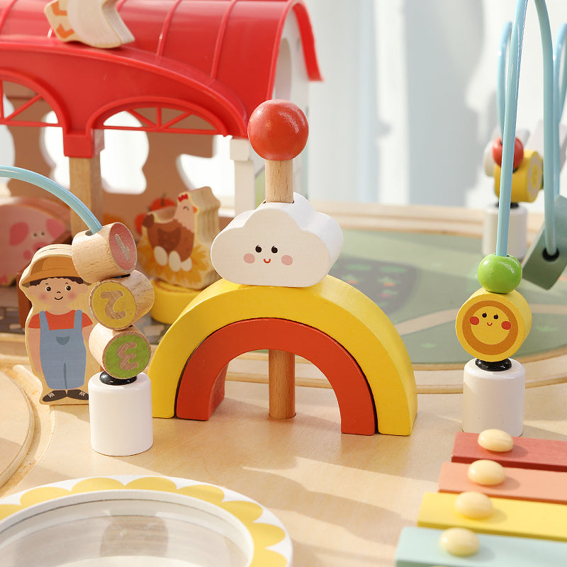 Montessori Spieltisch Holz – Lern- & Spieltisch mit Magnetfischen, Xylophon & Zugbahn