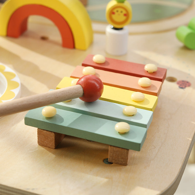 Montessori Spieltisch Holz – Lern- & Spieltisch mit Magnetfischen, Xylophon & Zugbahn