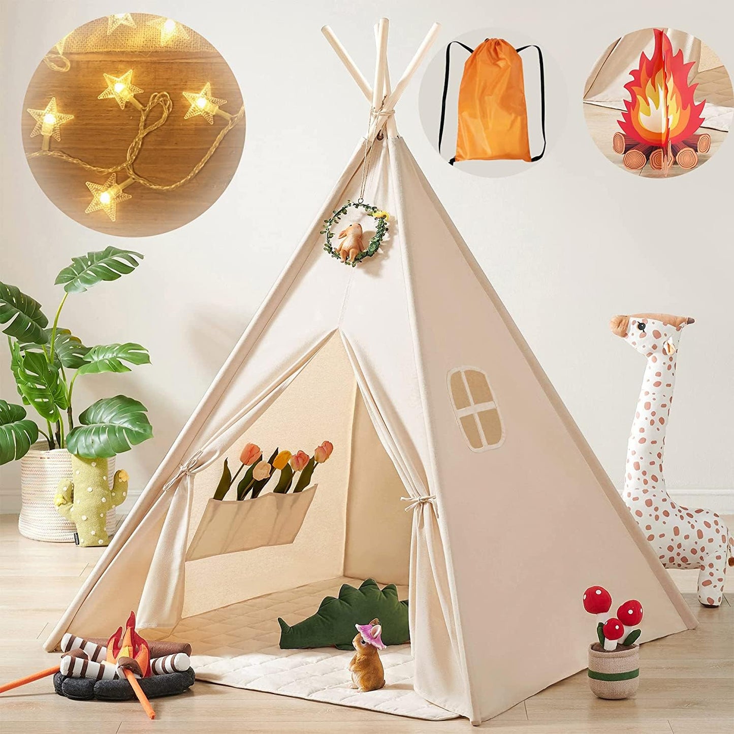 Montessori Spielzelt für Kinder mit Sternenlichtern und Fenstern – Faltbares Teepee Zelt für das Kinderzimmer