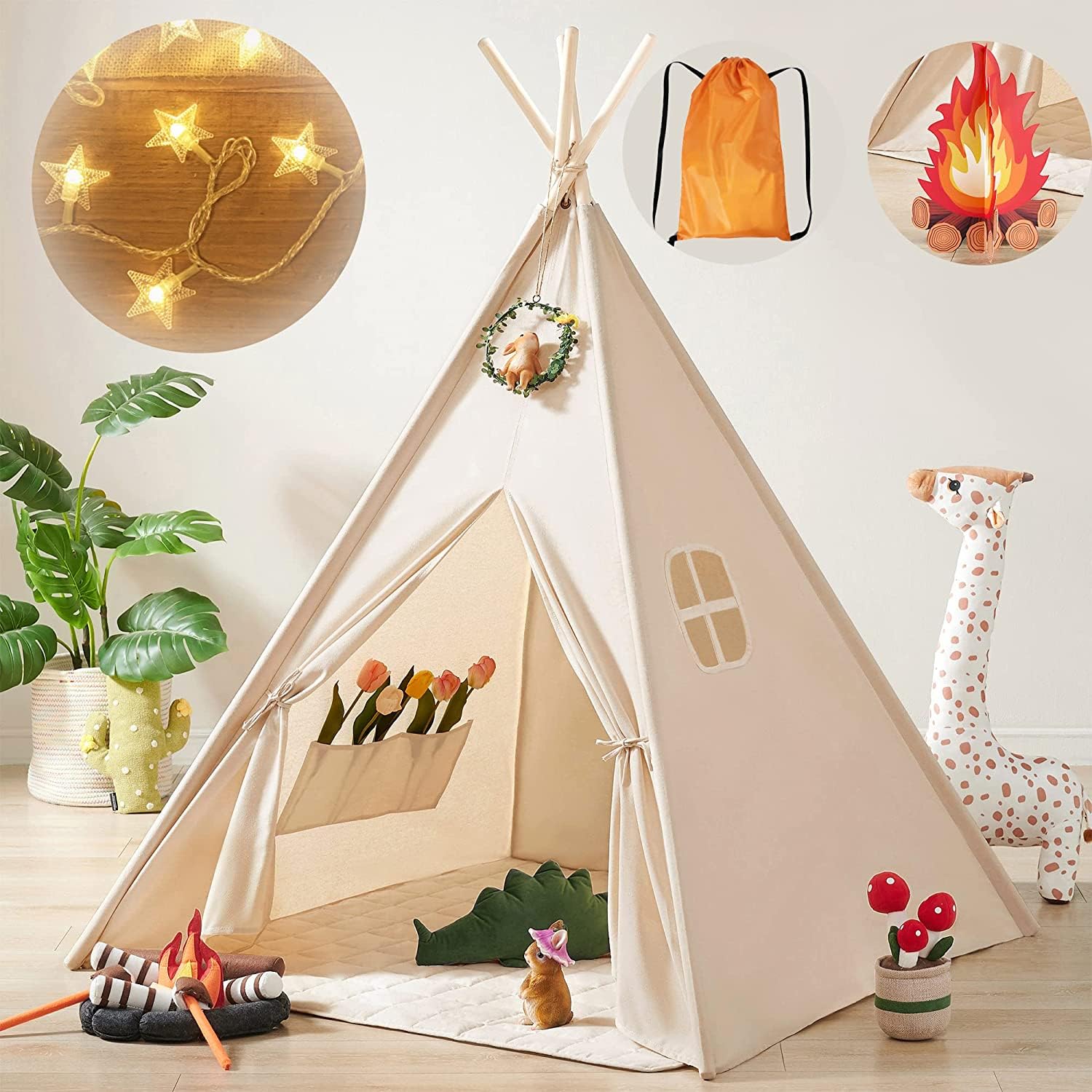 Montessori Spielzelt für Kinder mit Sternenlichtern und Fenstern – Faltbares Teepee Zelt für das Kinderzimmer
