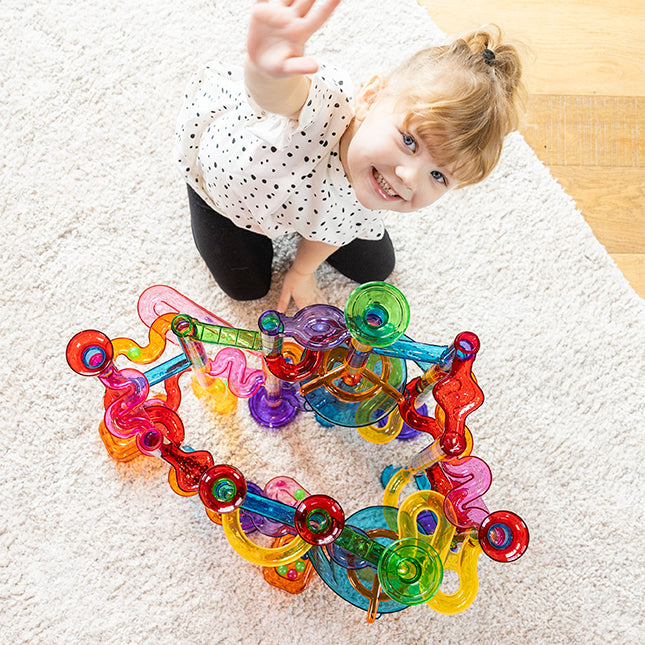 MontessoriLernwelt transparente Kugelbahn für Kinder, 168 Teile Murmelbahn Röhren Bausatz aus ABS, BPA-frei, Montessori Konstruktionsspielzeug