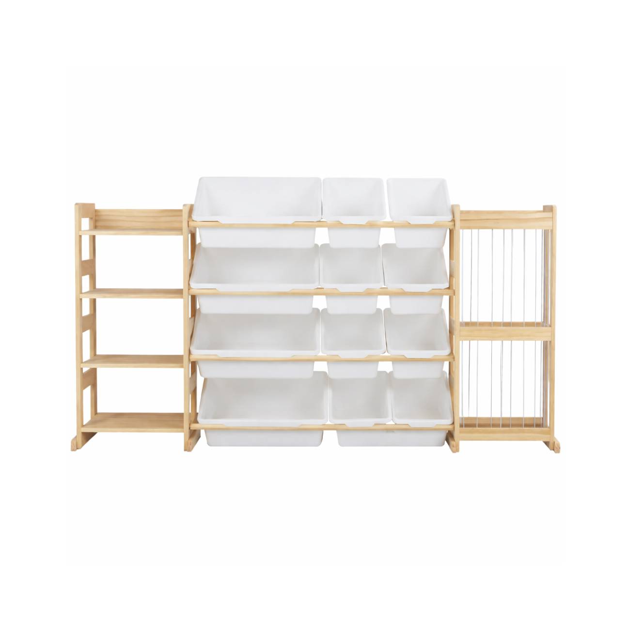 Montessori Spielzeugregal mit 4 Etagen, Aufbewahrungsboxen und Netzregal aus Kiefernholz