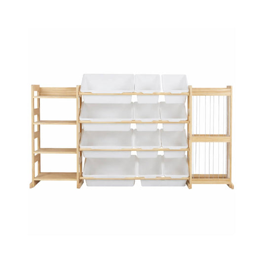 Montessori Spielzeugregal mit 4 Etagen, Aufbewahrungsboxen und Netzregal aus Kiefernholz