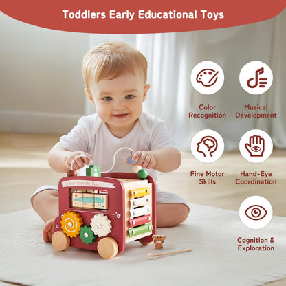 Montessori 8-in-1 Busy Bus – Aktivitätswürfel aus Holz - Rot