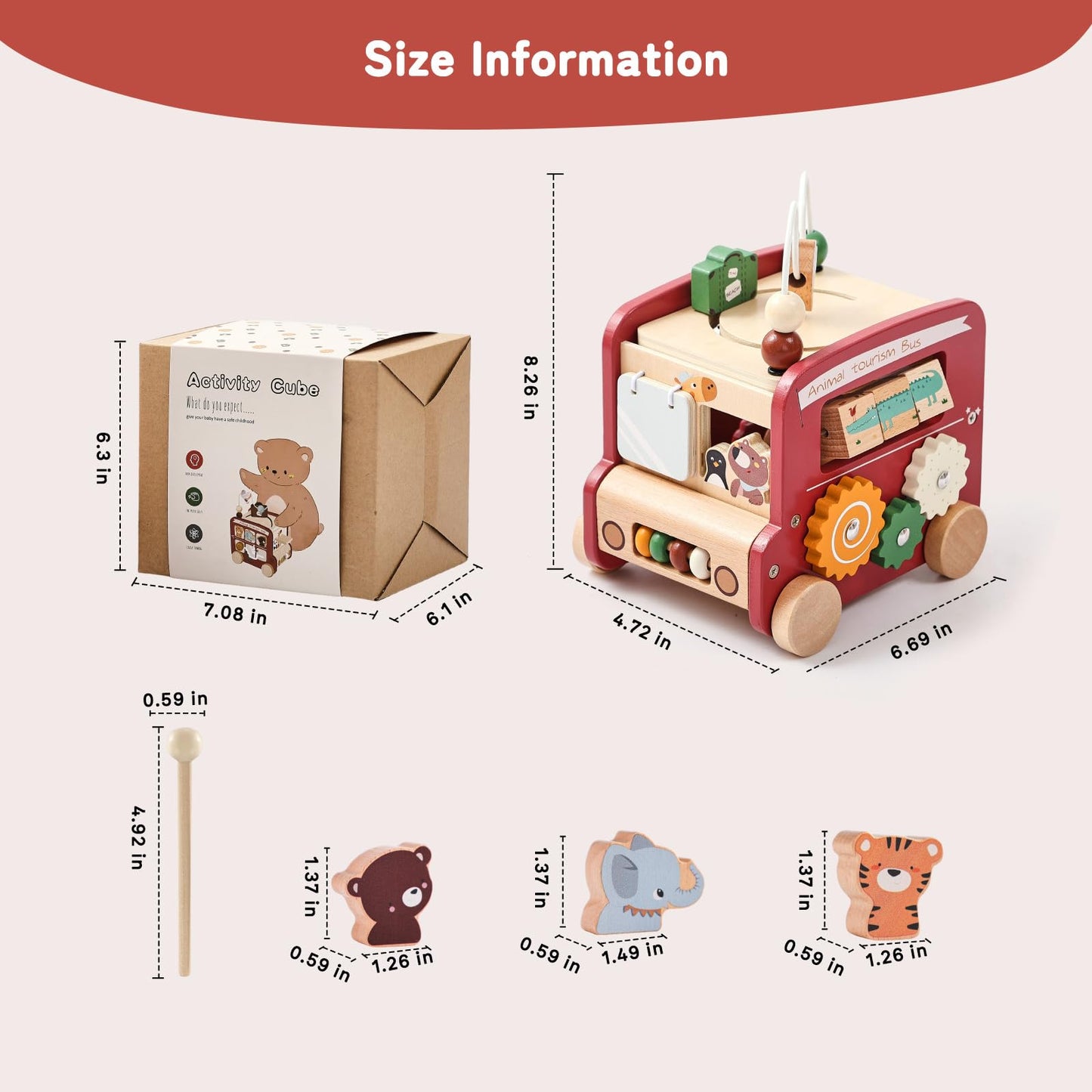 Montessori 8-in-1 Busy Bus – Aktivitätswürfel aus Holz - Rot