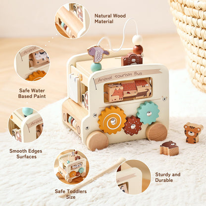 Montessori 8-in-1 Busy Bus – Aktivitätswürfel aus Holz - Beige