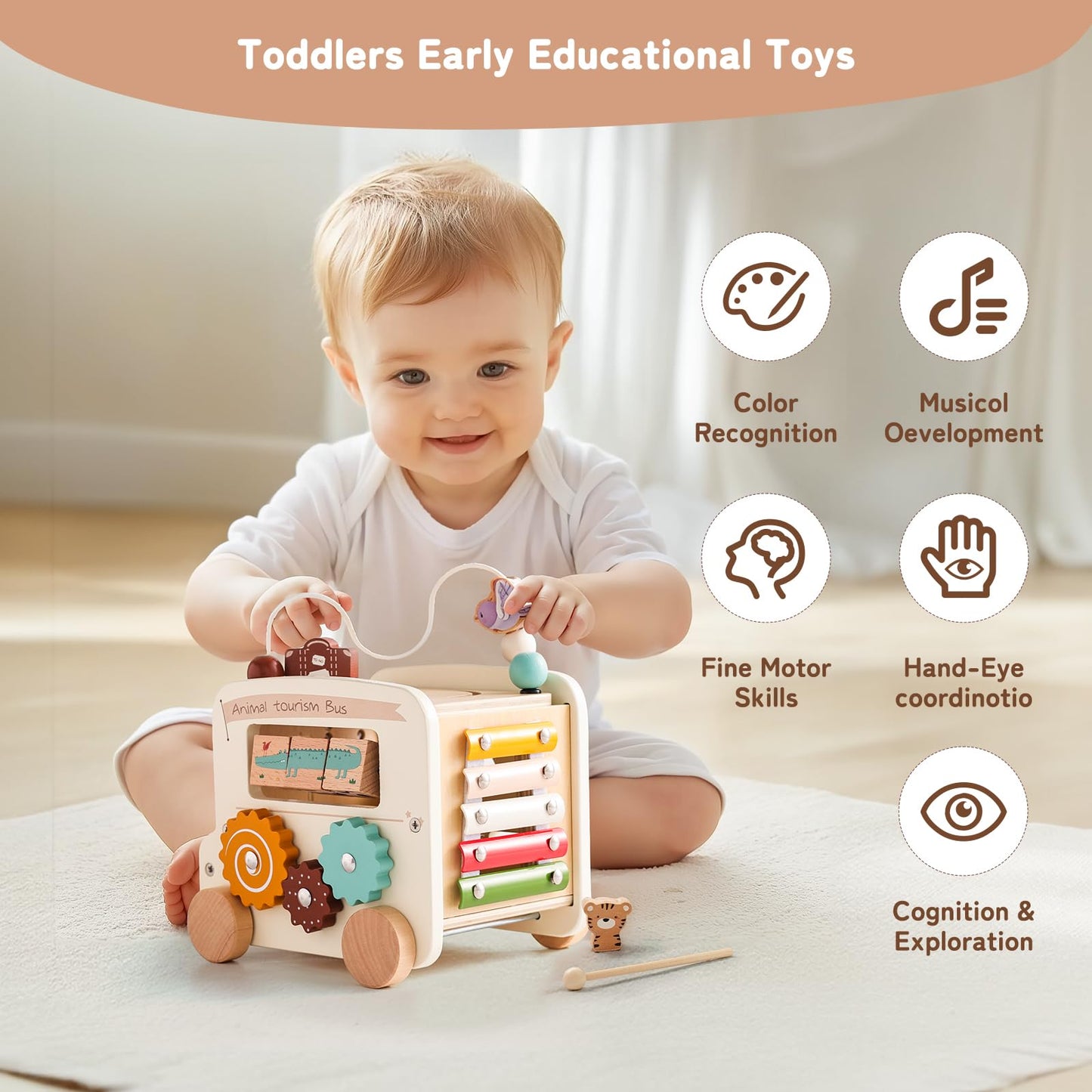 Montessori 8-in-1 Busy Bus – Aktivitätswürfel aus Holz - Beige