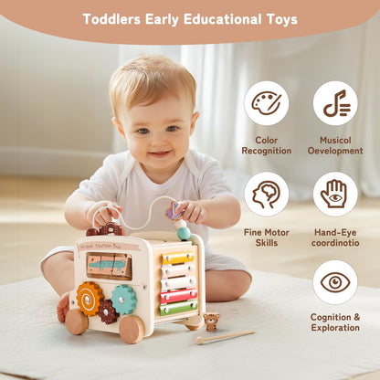 Montessori 8-in-1 Busy Bus – Aktivitätswürfel aus Holz - Beige