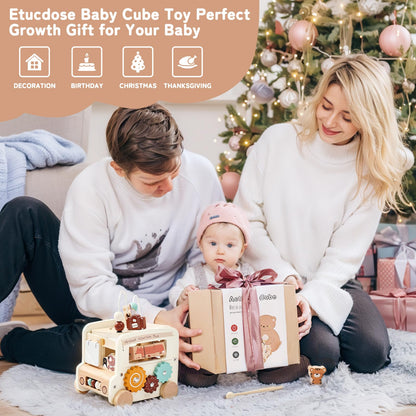 Montessori 8-in-1 Busy Bus – Aktivitätswürfel aus Holz - Beige