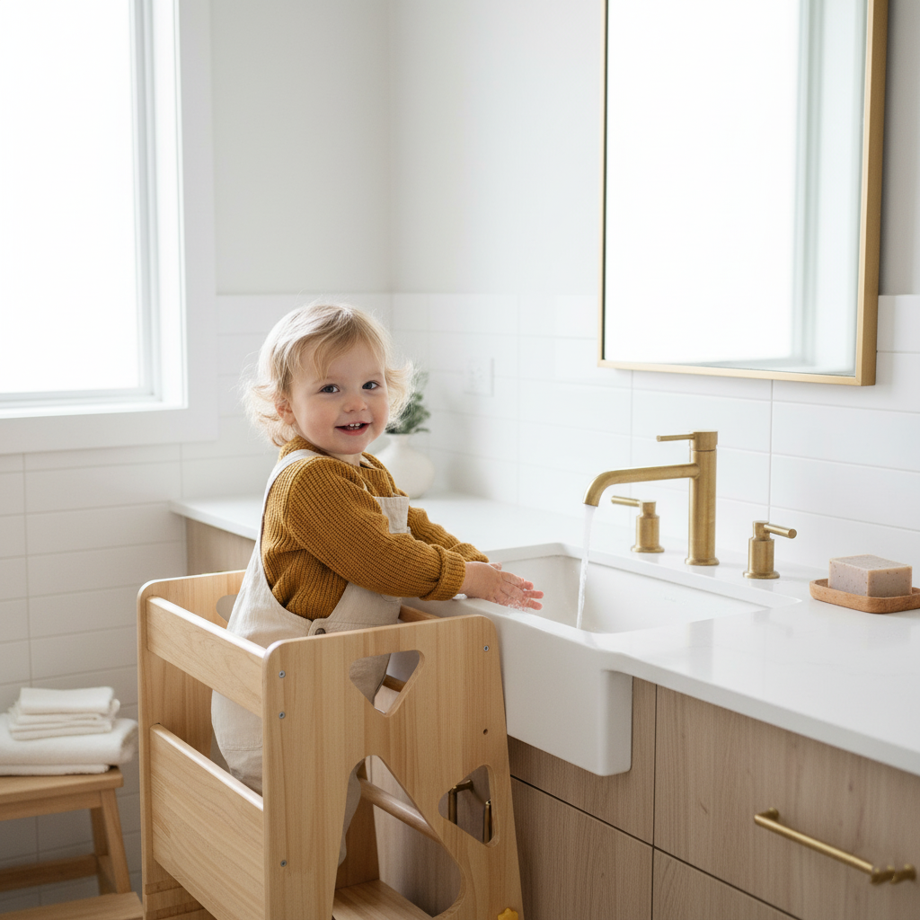 Torre de aprendizaje Montessori: taburete con escalón de madera maciza de altura regulable para niños pequeños con 2 escalones