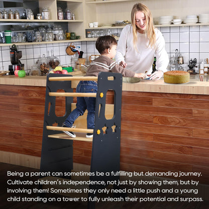 Torre de aprendizaje ajustable Montessori para niños pequeños: taburete de madera maciza con recortes de estrellas