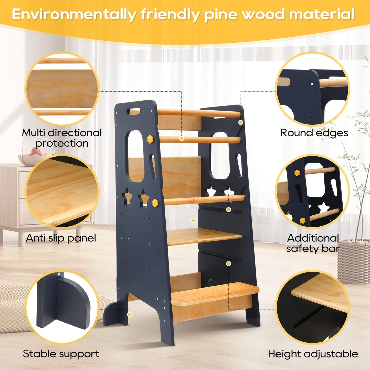 Torre de aprendizaje ajustable Montessori para niños pequeños: taburete de madera maciza con recortes de estrellas