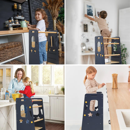 Torre de aprendizaje ajustable Montessori para niños pequeños: taburete de madera maciza con recortes de estrellas