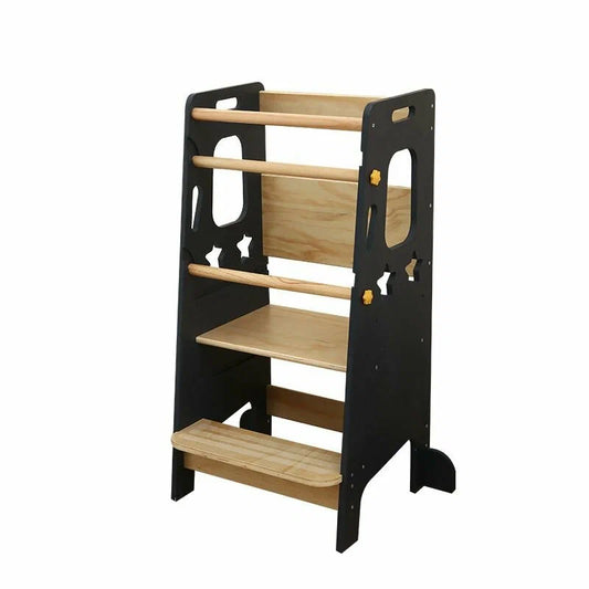Tour d'apprentissage réglable Montessori pour tout-petits – Marchepied en bois massif avec découpes en forme d'étoile