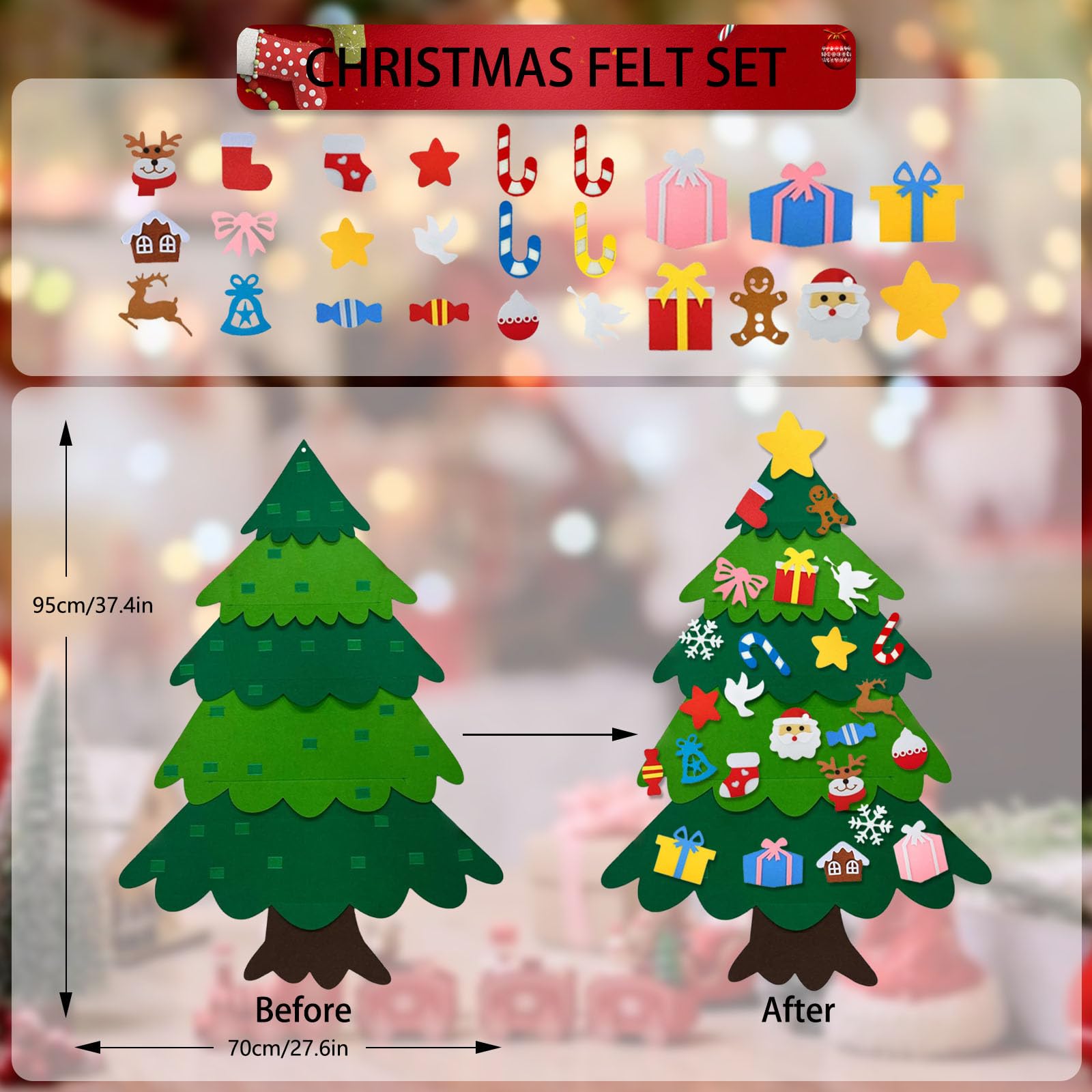 DIY Filz Weihnachtsbaum Set – 100x70 Cm, Mit 30 Ornamenten, Abnehmbar, Für Kinder Ab 3 Jahren