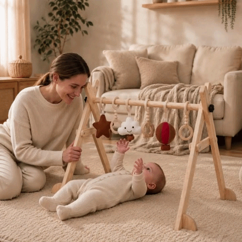 Eltern und Baby entdecken gemeinsam ein Montessori Baby Gym aus Holz