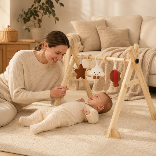 Eltern und Baby entdecken gemeinsam ein Montessori Baby Gym aus Holz