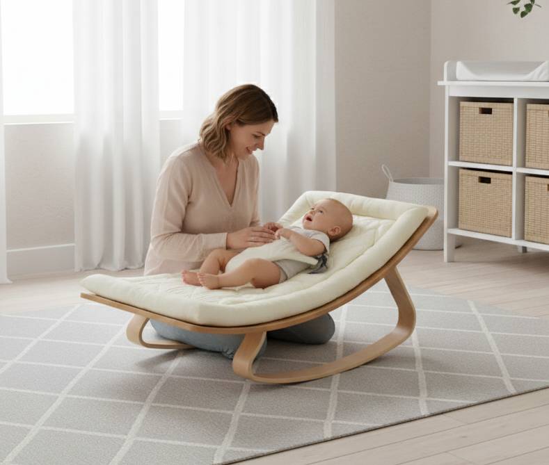 Baby Wippe aus Buchenholz mit weißer Baumwollauflage