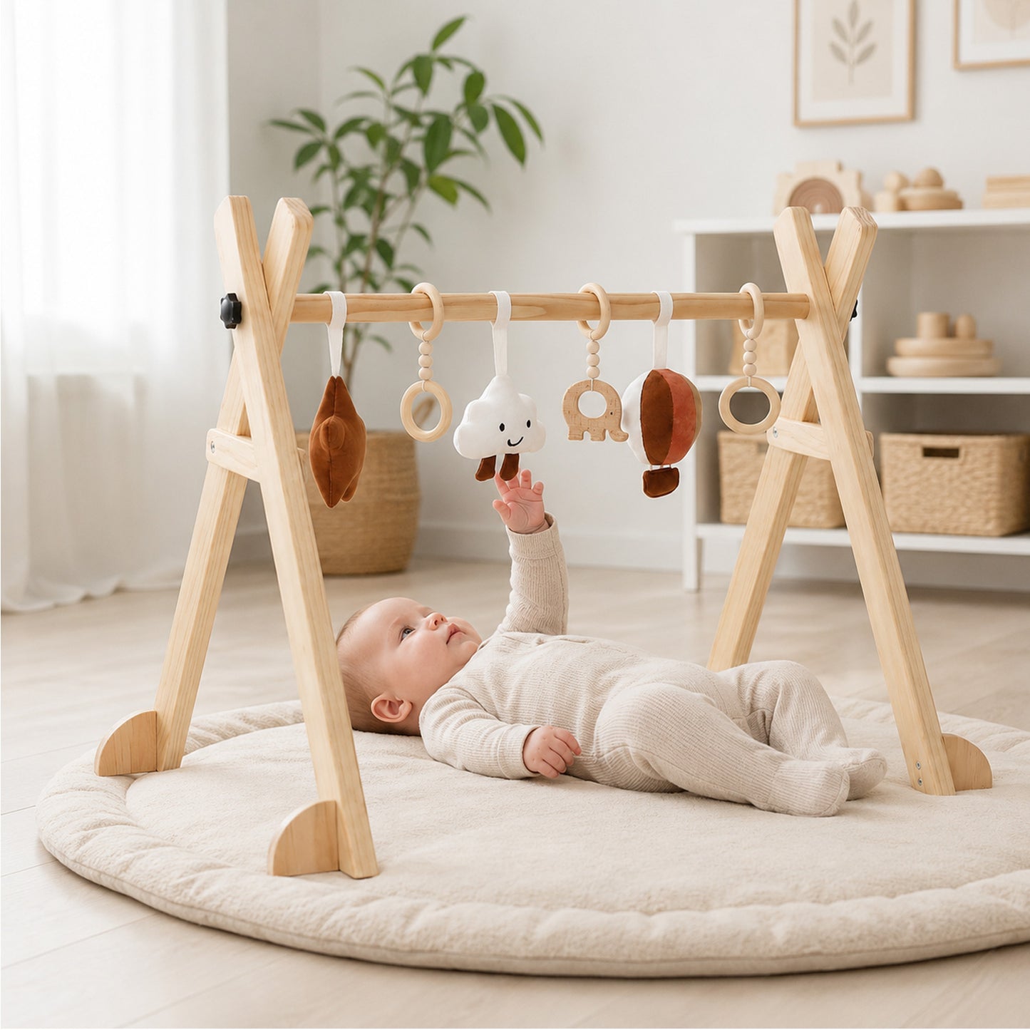 Baby greift nach den Anhängern eines Montessori Spielbogens