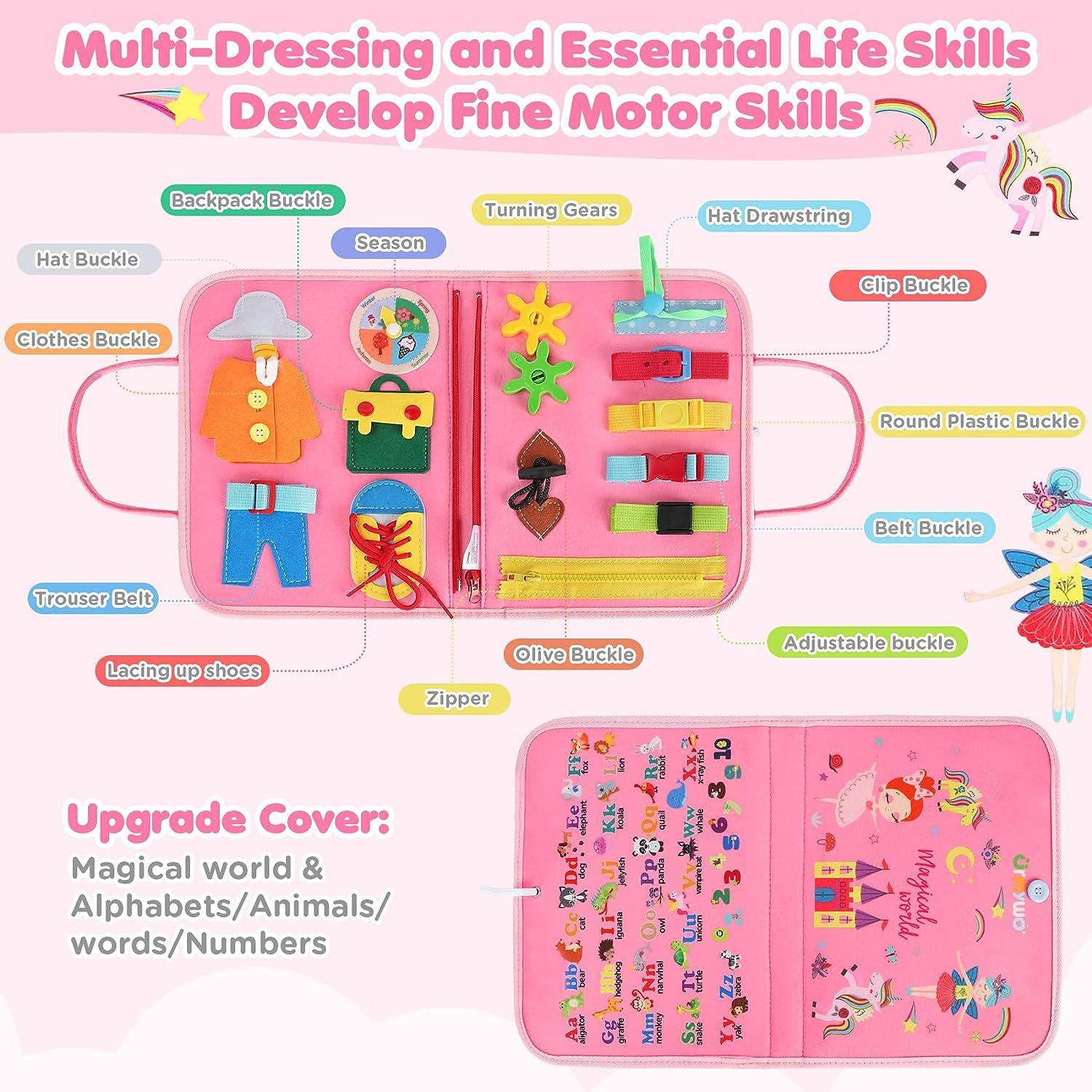 MontessoriLernwelt Busy Board 10-in-1 – Prinzessin, Anziehspiel & Bauernhof, Montessori Busy Book für Kinder 1–4 Jahre