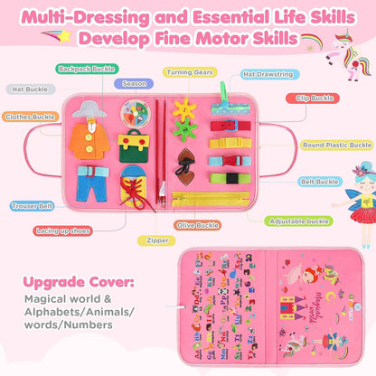 MontessoriLernwelt Busy Board 10-in-1 – Prinzessin, Anziehspiel & Bauernhof, Montessori Busy Book für Kinder 1–4 Jahre