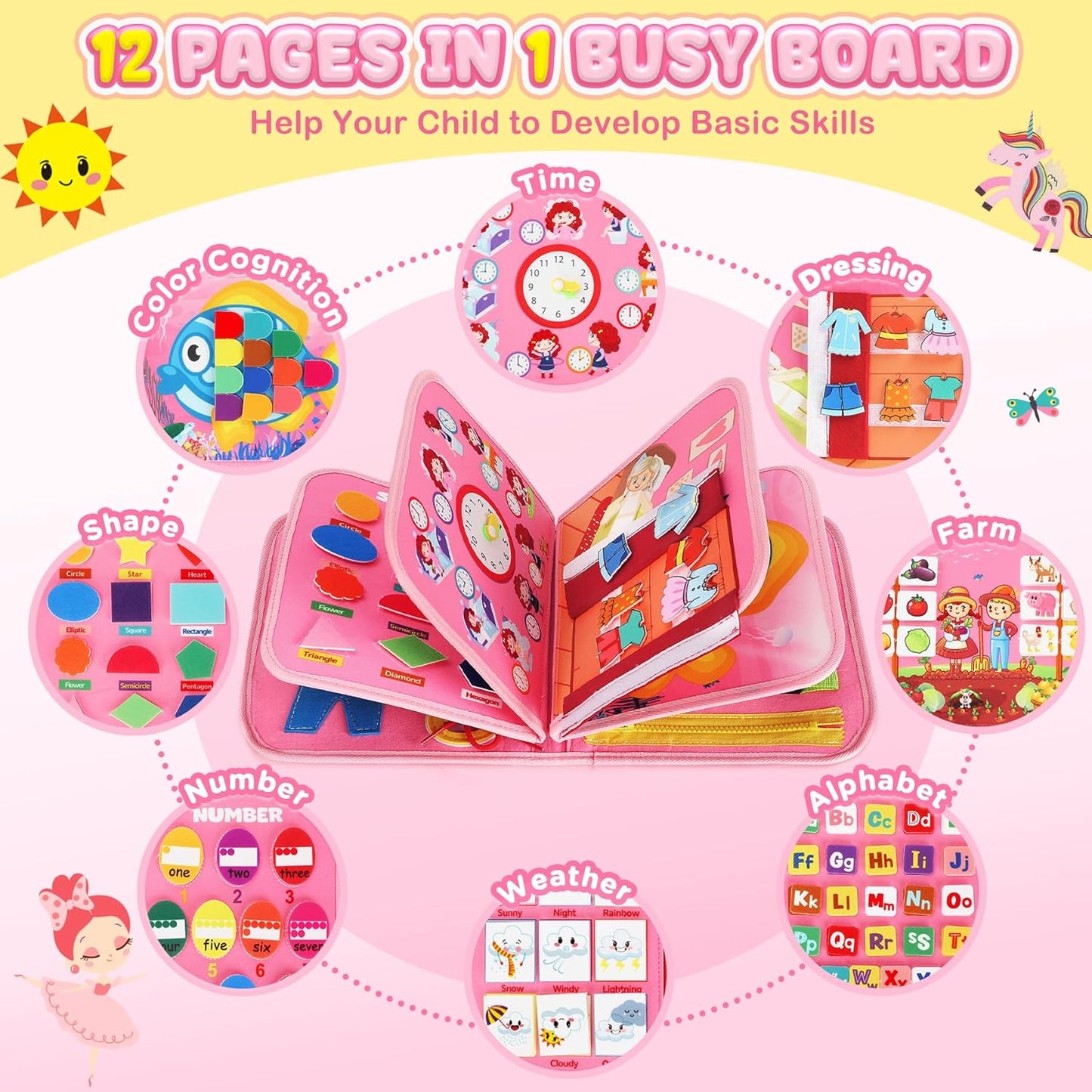 MontessoriLernwelt Busy Board 10-in-1 – Prinzessin, Anziehspiel & Bauernhof, Montessori Busy Book für Kinder 1–4 Jahre