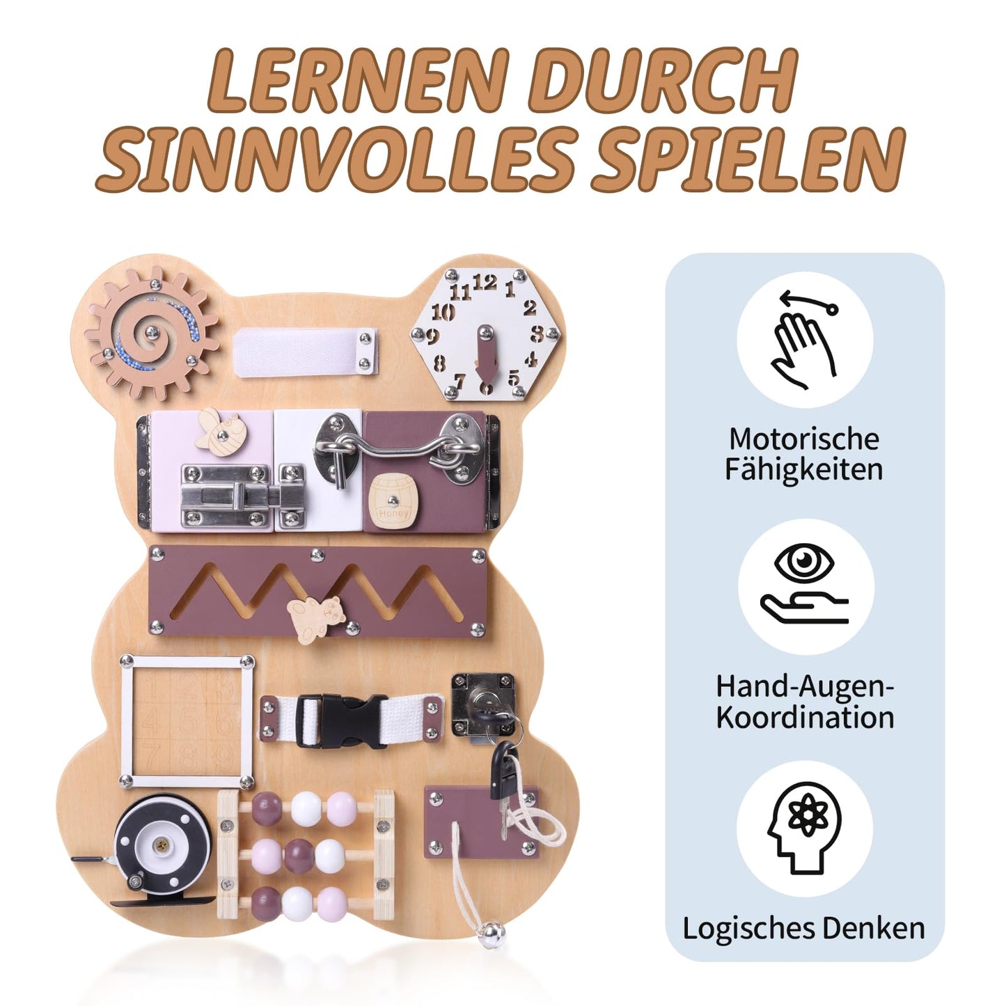 Tableau d'activités Montessori Petit Ours – Jouet en bois pour la motricité fine