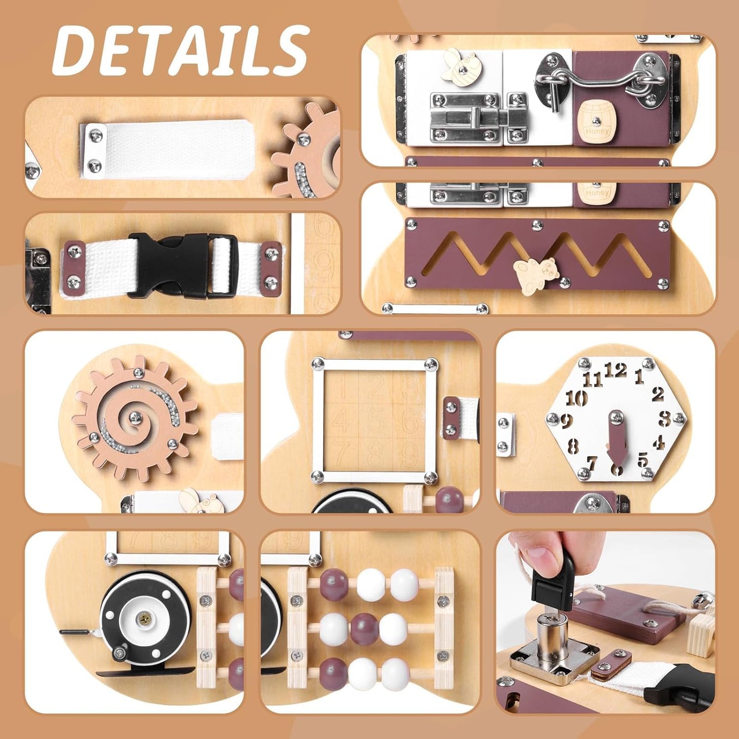 Tableau d'activités Montessori Petit Ours – Jouet en bois pour la motricité fine