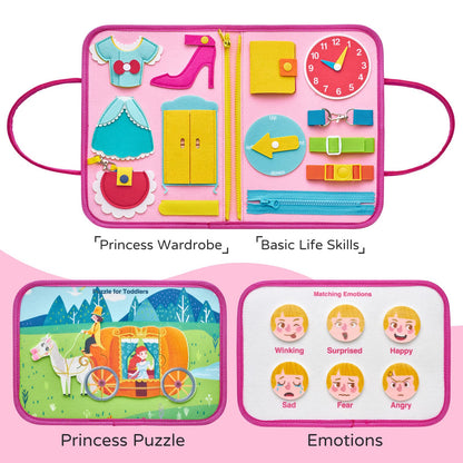 Busy Board Prinzessin – Montessori Busy Book mit Puzzle & Anzieh-Skills, Reisespiel ab 1–4 Jahren – montessorilernwelt
