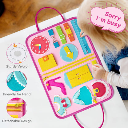 Busy Board Prinzessin – Montessori Busy Book mit Puzzle & Anzieh-Skills, Reisespiel ab 1–4 Jahren – montessorilernwelt
