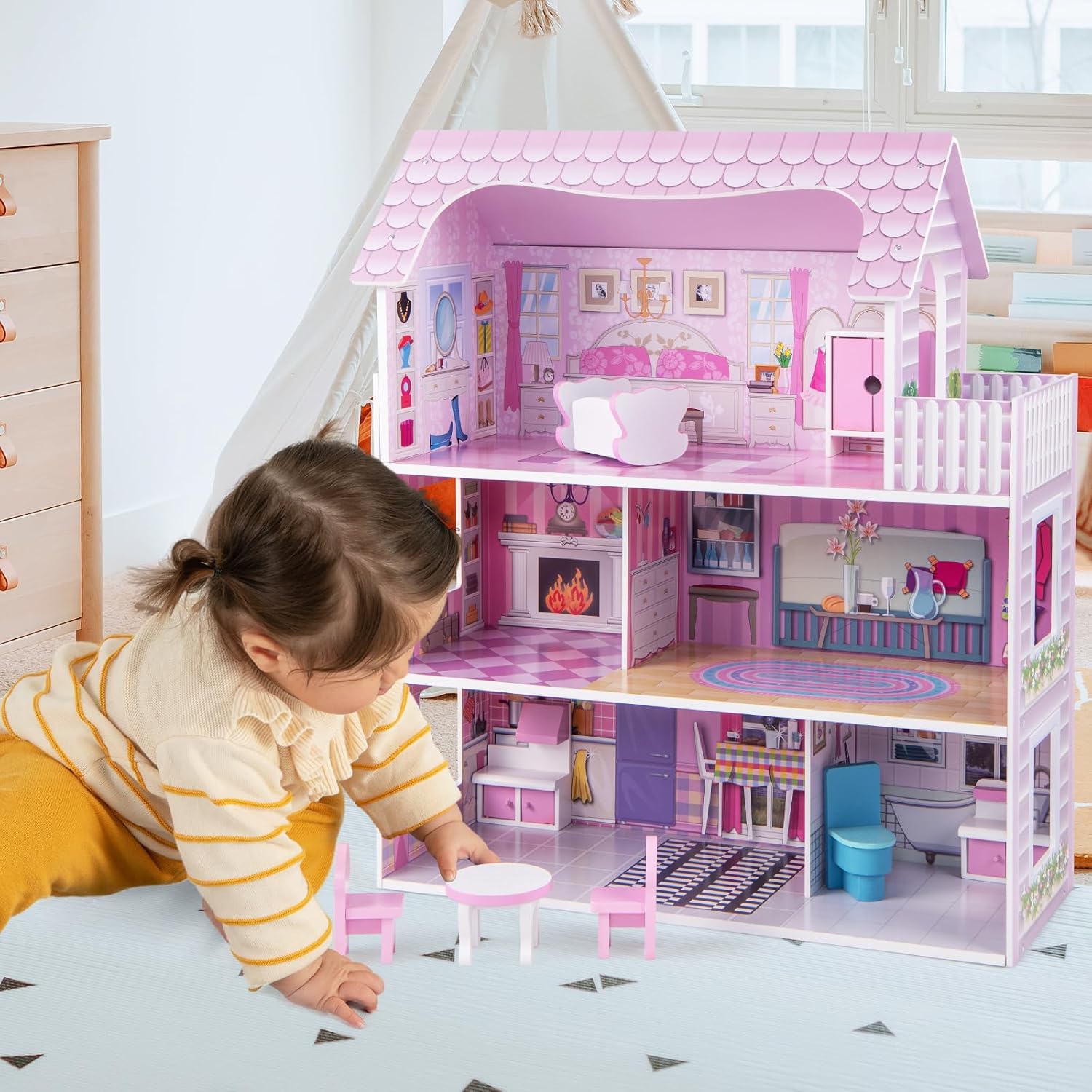 Großes buntes Puppenhaus 3 Etagen Kinder Spielhaus offen