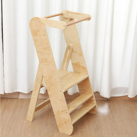 Faltbarer Montessori-Lernturm für Kleinkinder mit Tragegriff und Trittstufendesign aus naturbelassenem Holz
