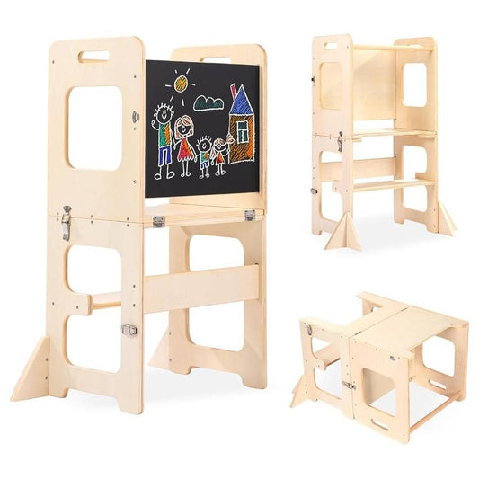 MontessoriLernwelt klappbarer Lernturm 3-in-1 mit Tafel und Tisch – Montessori Küchenhelfer & Tritthocker für Kinder ab 1 Jahr