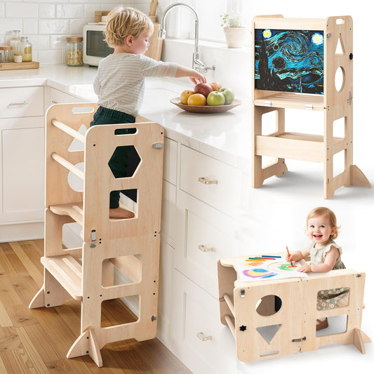 MontessoriLernwelt klappbarer Lernturm 3-in-1 mit Tafel und Tisch – Montessori Küchenhelfer & Tritthocker für Kinder ab 1 Jahr