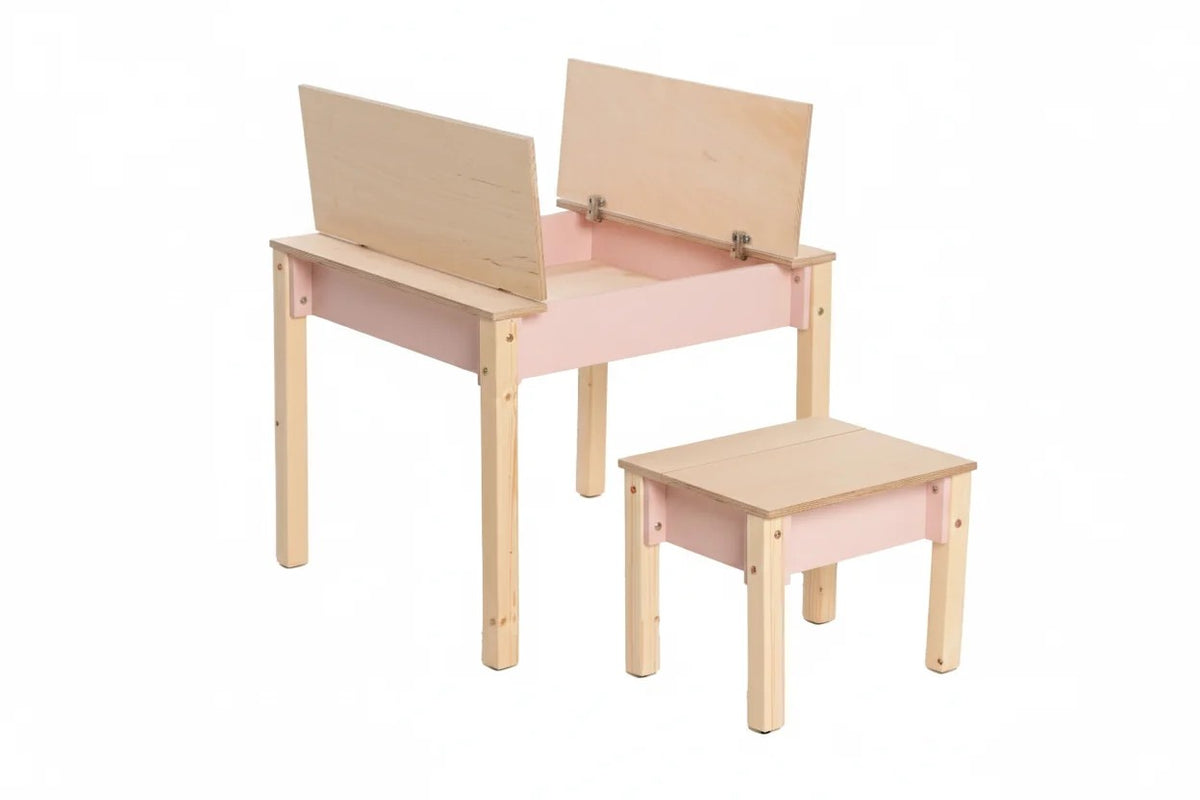 Montessori Children’s Table with Storage & Stool – Wooden Desk Set for Children