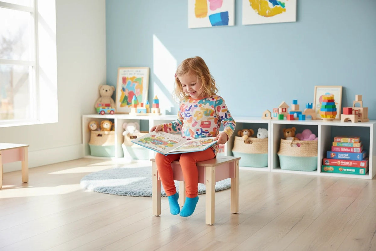 Kind sitzt bequem auf Montessori Kinderstuhl