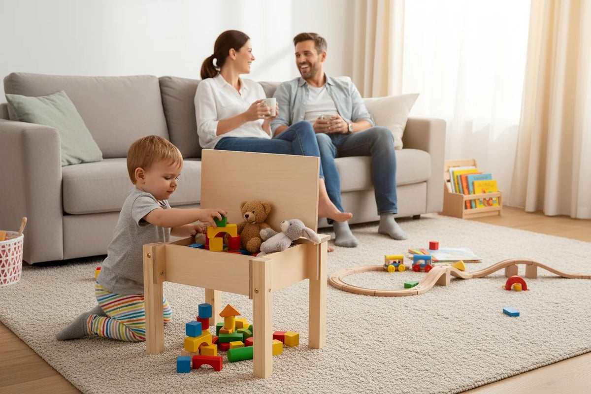 Kind malt und spielt am Kinderstuhl