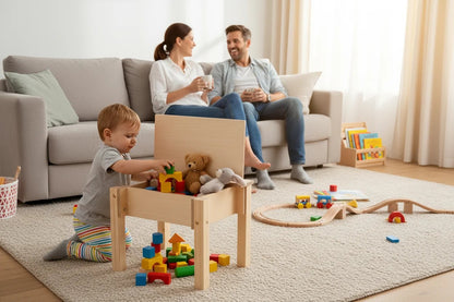 Kind malt und spielt am Kinderstuhl