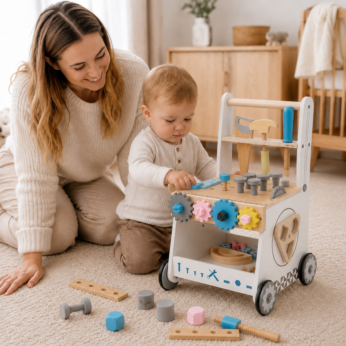 Kind spielt mit einer Montessori Holz Werkbank zu Hause