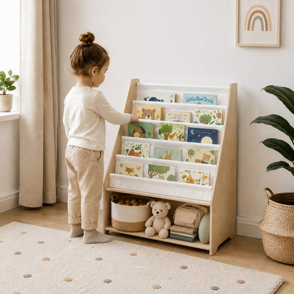 Kinder Bücherregal mit Stofftaschen zur übersichtlichen Buchaufbewahrung