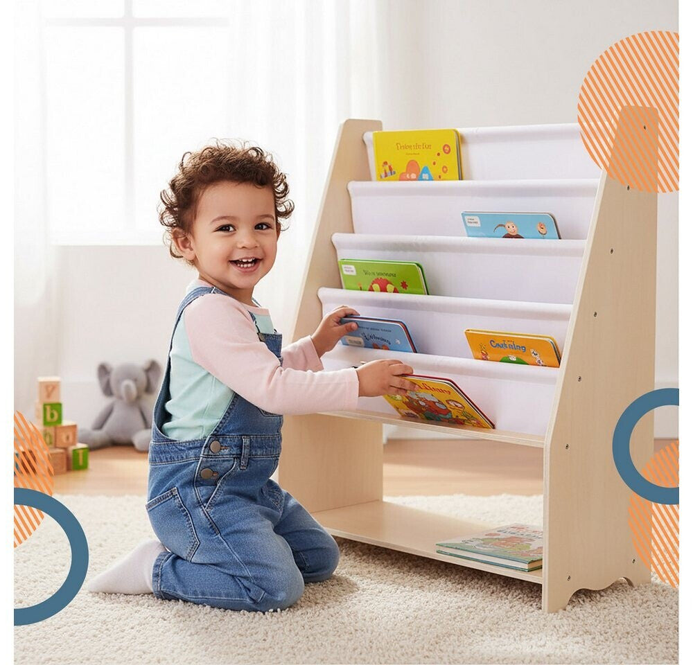 Montessori Bücherregal Kinder Holz mit Stofftaschen – Frontales Kinder Bücherregal für Kinderzimmer, Leseecke & Spielzimmer